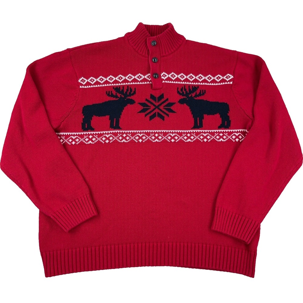 Chaps Sweater Men XL Red Pullover‎ Quarter Zip Heavy Knit Nordic Moose Lodge Ski